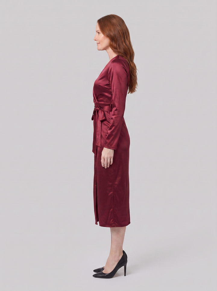 Solveig burgundy wrap dress side view