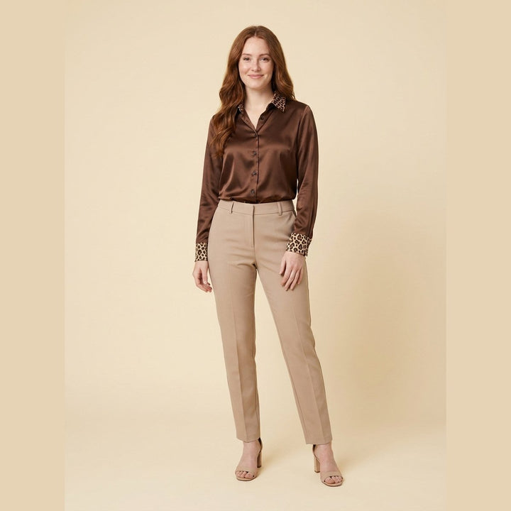 Brown satin blouse leopard collar front