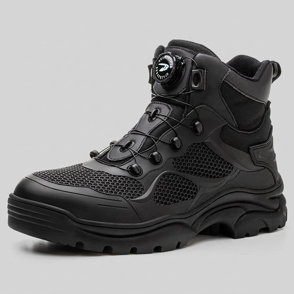 Black steel toe kevlar sole safety shoe three-quarter view