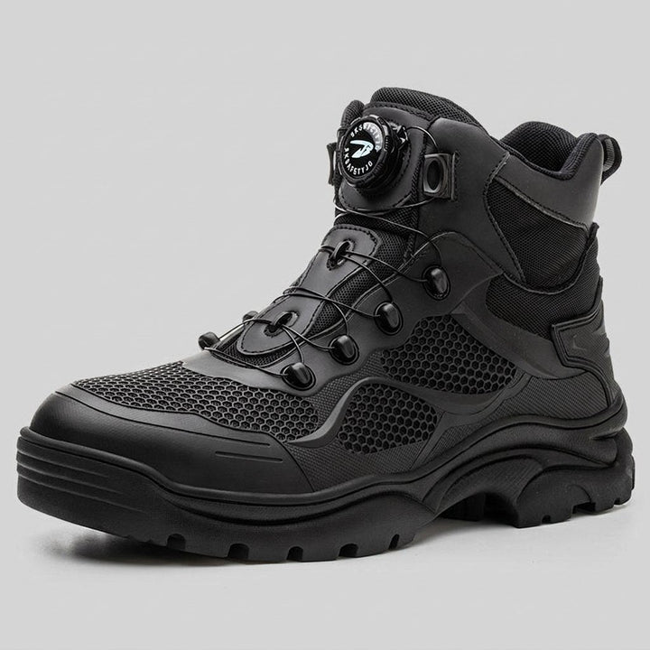 Black steel toe kevlar sole safety shoe three-quarter view