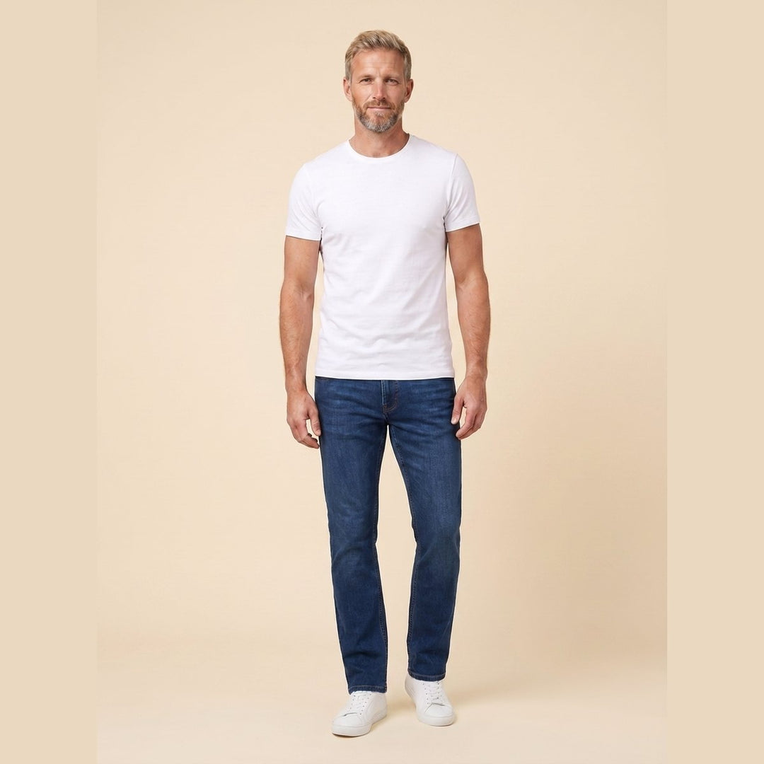 Straight-Leg Trousers Blue Retro on model