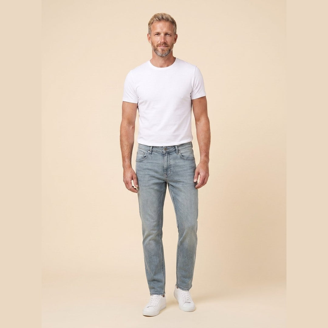 Straight-Leg Trousers Cool Denim on model