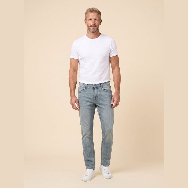 Straight-Leg Trousers Cool Denim on model