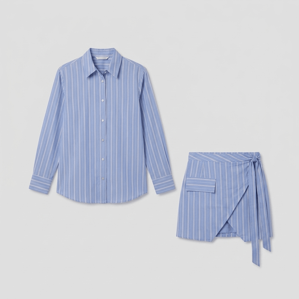 Stripes tie-up skirt set product flat-lay
