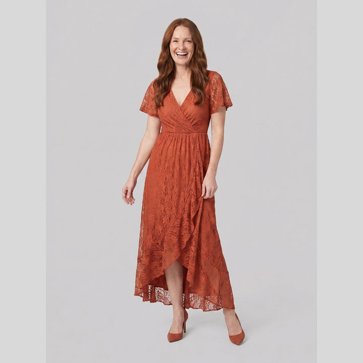 Burnt orange pleated lace V-neck high-low maxi dress - The store Vancouver