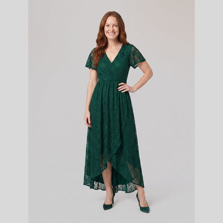 Dark green pleated lace V-neck high-low maxi dress - The store Vancouver