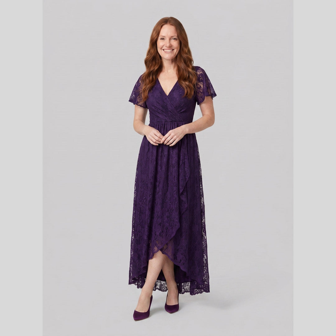 Dark purple pleated lace V-neck high-low maxi dress - The store Vancouver