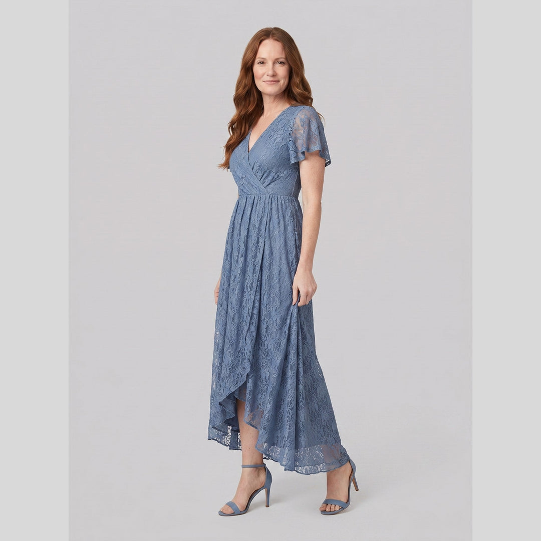 Dusty blue pleated lace V-neck high-low maxi dress - The store Vancouver