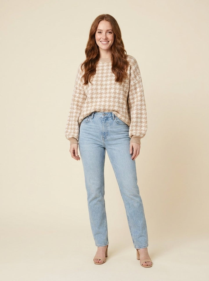 Sylvine houndstooth sweater in beige, front view on model