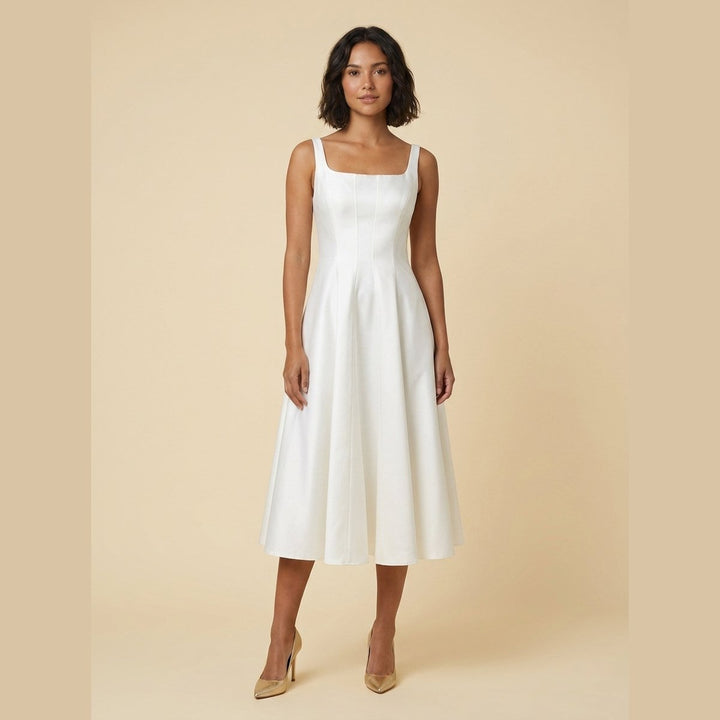 Talia white satin square-neck A-line midi dress front