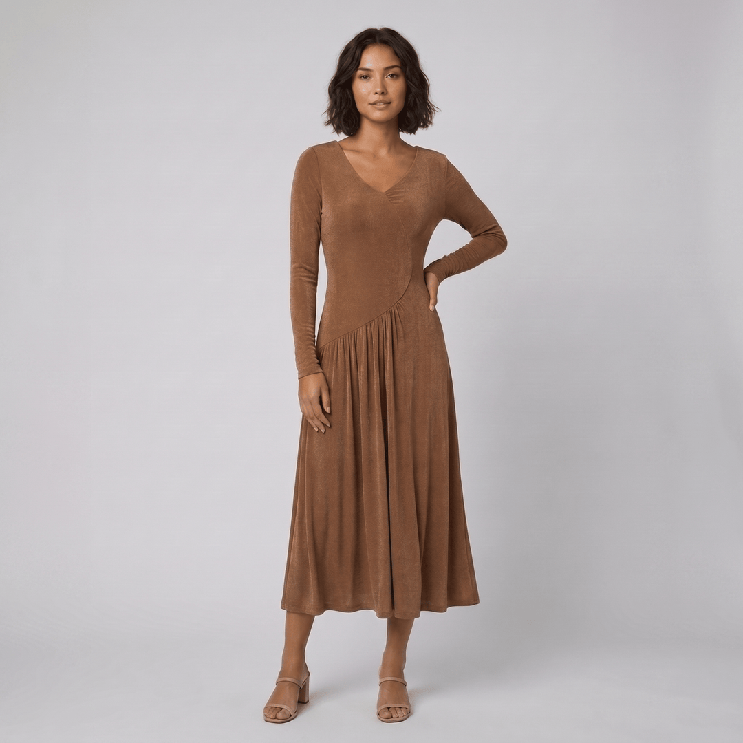Tanja brown asymmetric neck midi dress