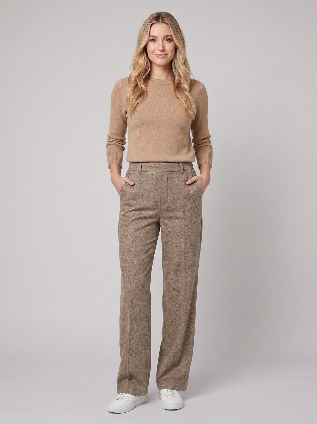 Tavi wool trousers camel wide-leg front on model