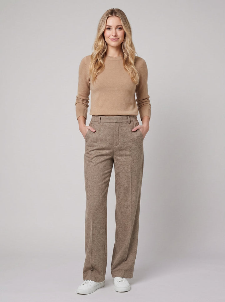 Tavi wool trousers camel wide-leg front on model