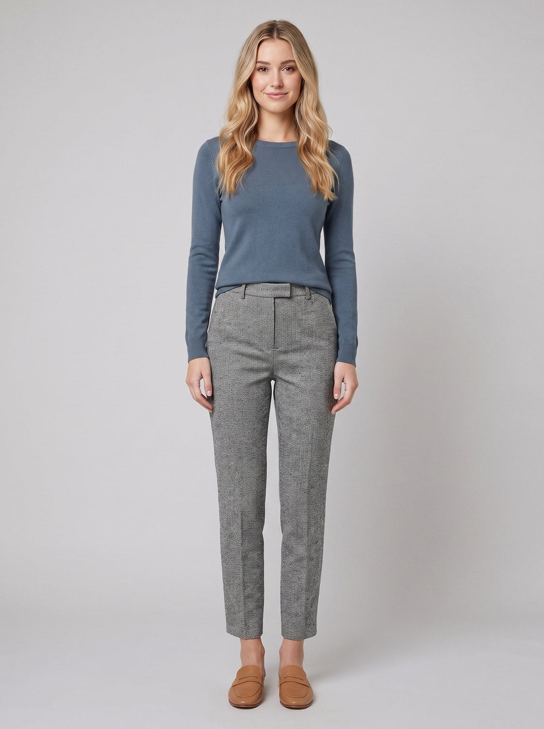 Tavi wool trousers grey herringbone front on model