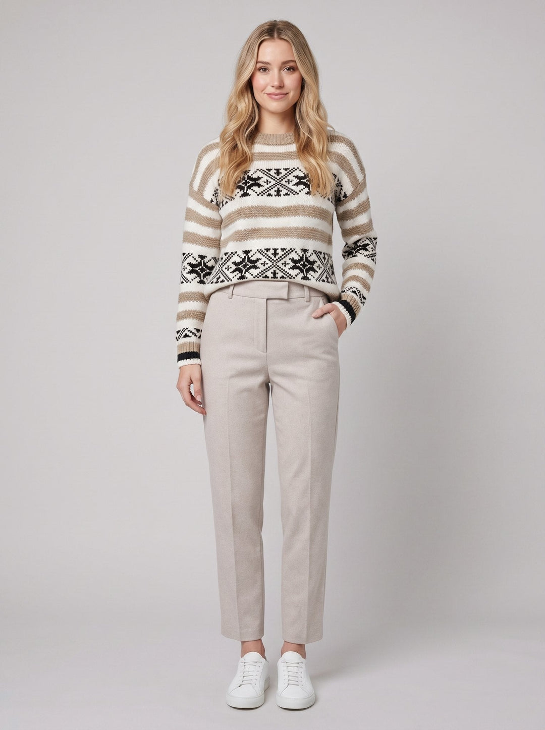 Tavi wool trousers ivory tapered front on model