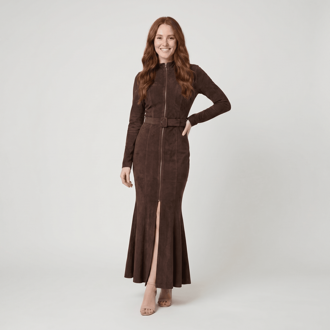 Tayli brown suede zip front belted maxi dress