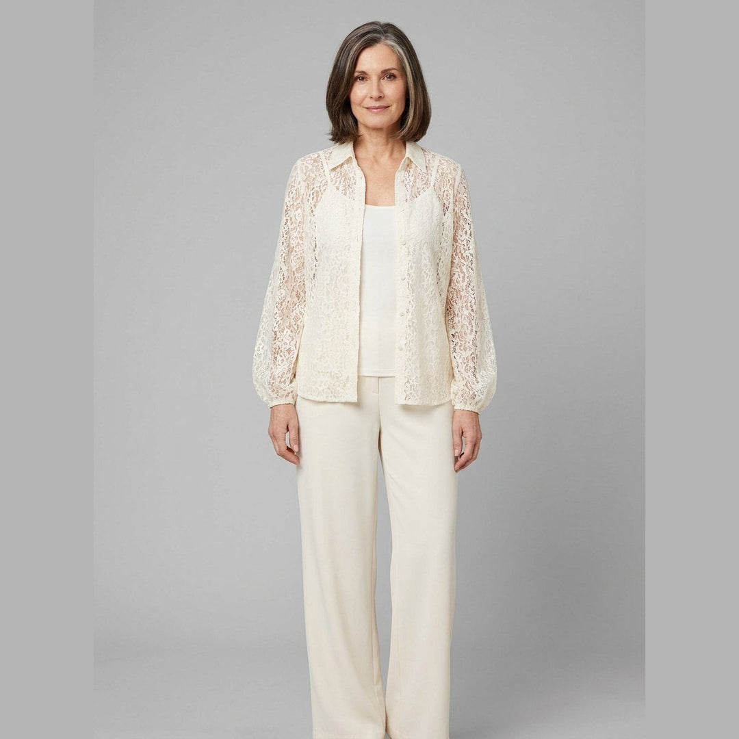 Teodora ivory lace blouse over camisole front