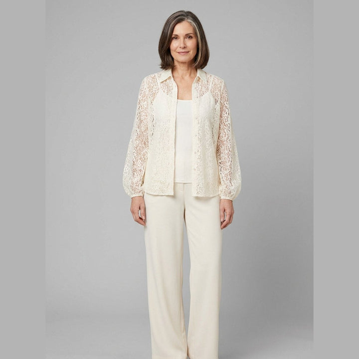 Teodora ivory lace blouse over camisole front