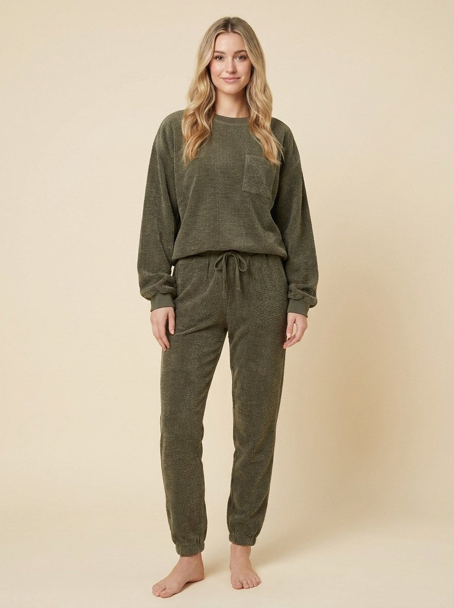 Green corduroy-look crewneck top and pull-on pants set, front view
