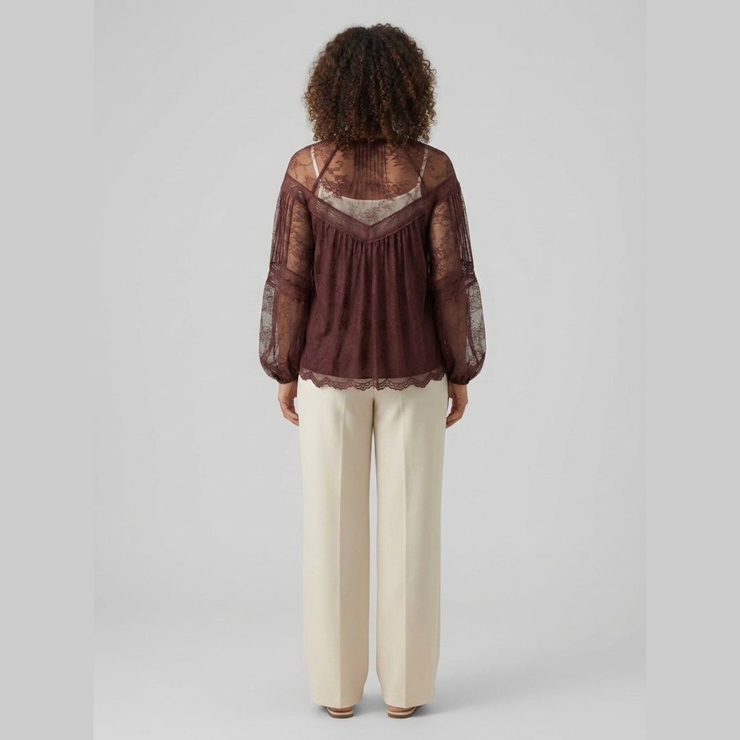 Tiana burgundy lace blouse back view on model