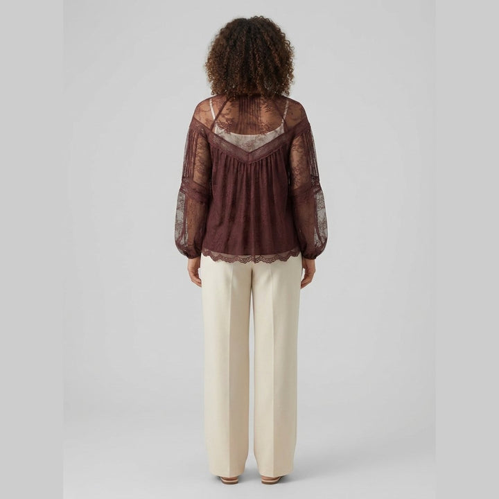 Tiana burgundy lace blouse back view on model