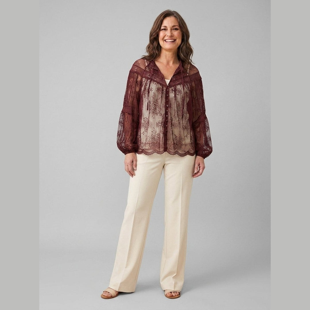 Tiana burgundy sheer lace blouse front on model