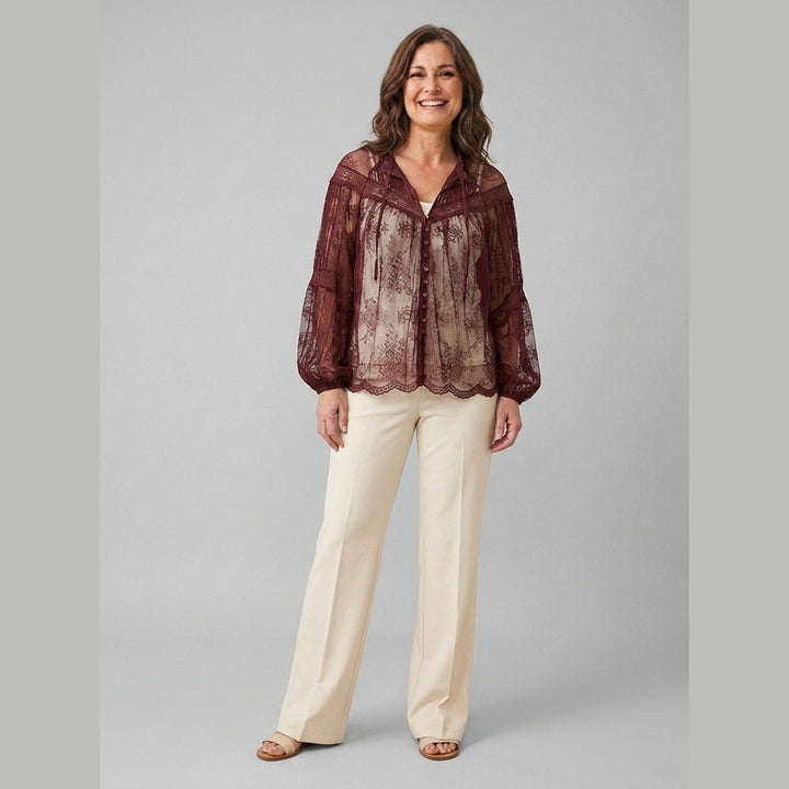 Tiana burgundy sheer lace blouse front on model