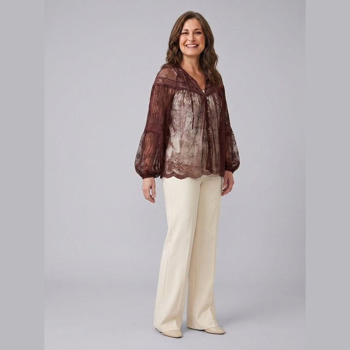 Tiana burgundy lace blouse three-quarter pose on model