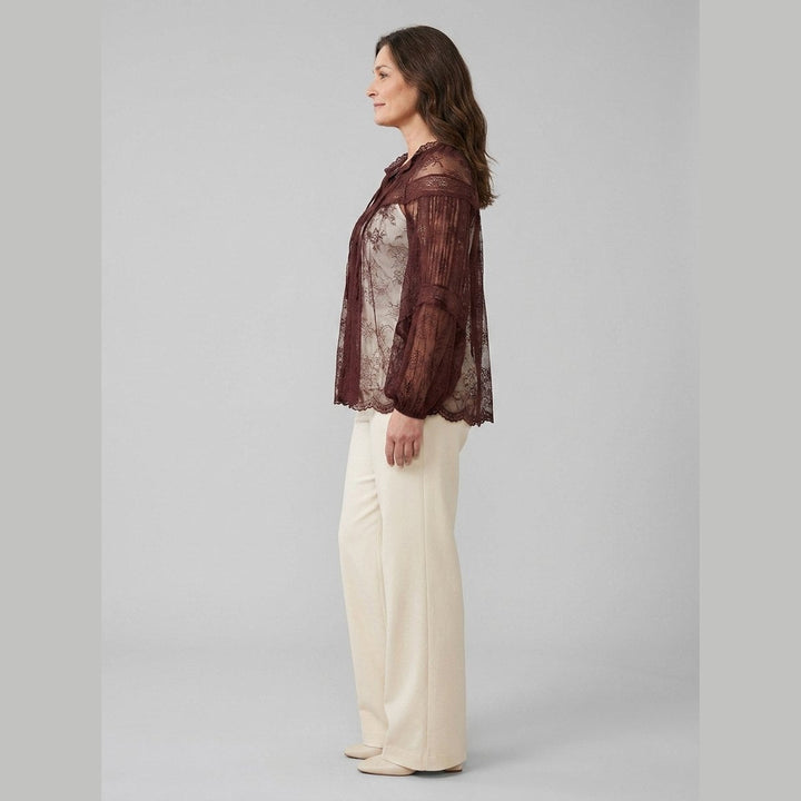 Tiana burgundy lace blouse side profile on model