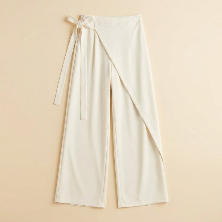 Tina cream asymmetrical pants flat lay