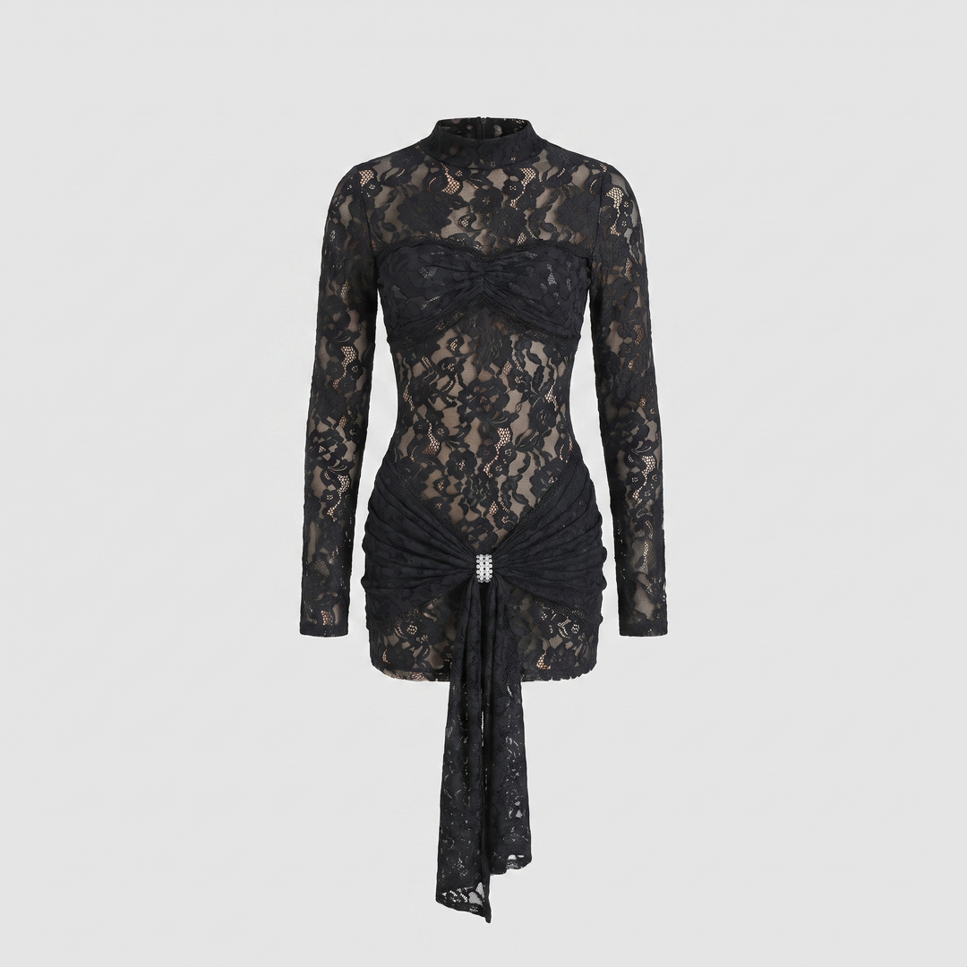 Black lace sheath mini dress laid flat, full garment