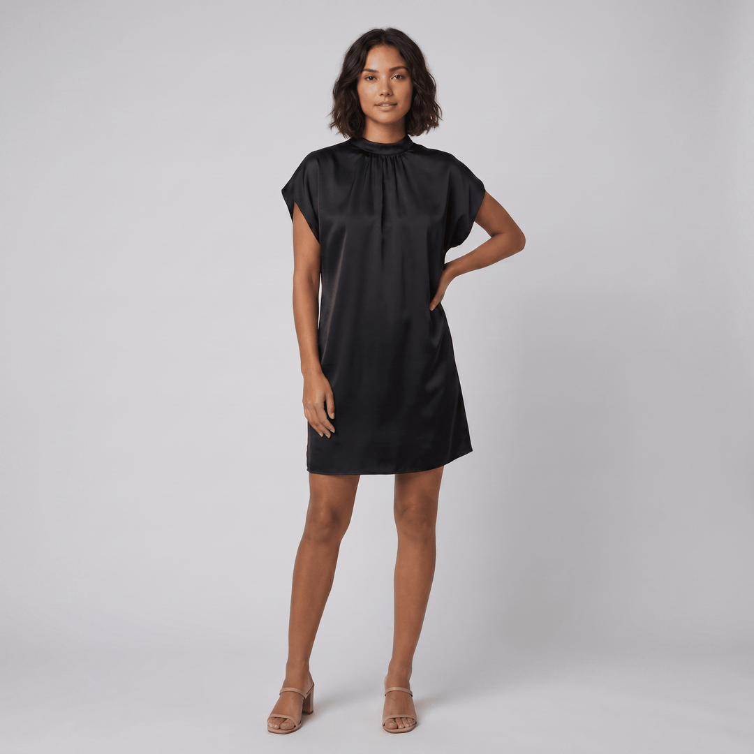 Trudy black satin mock neck shift dress
