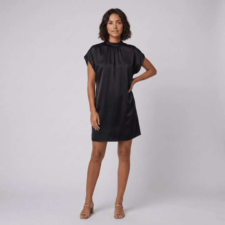 Trudy black satin mock neck shift dress
