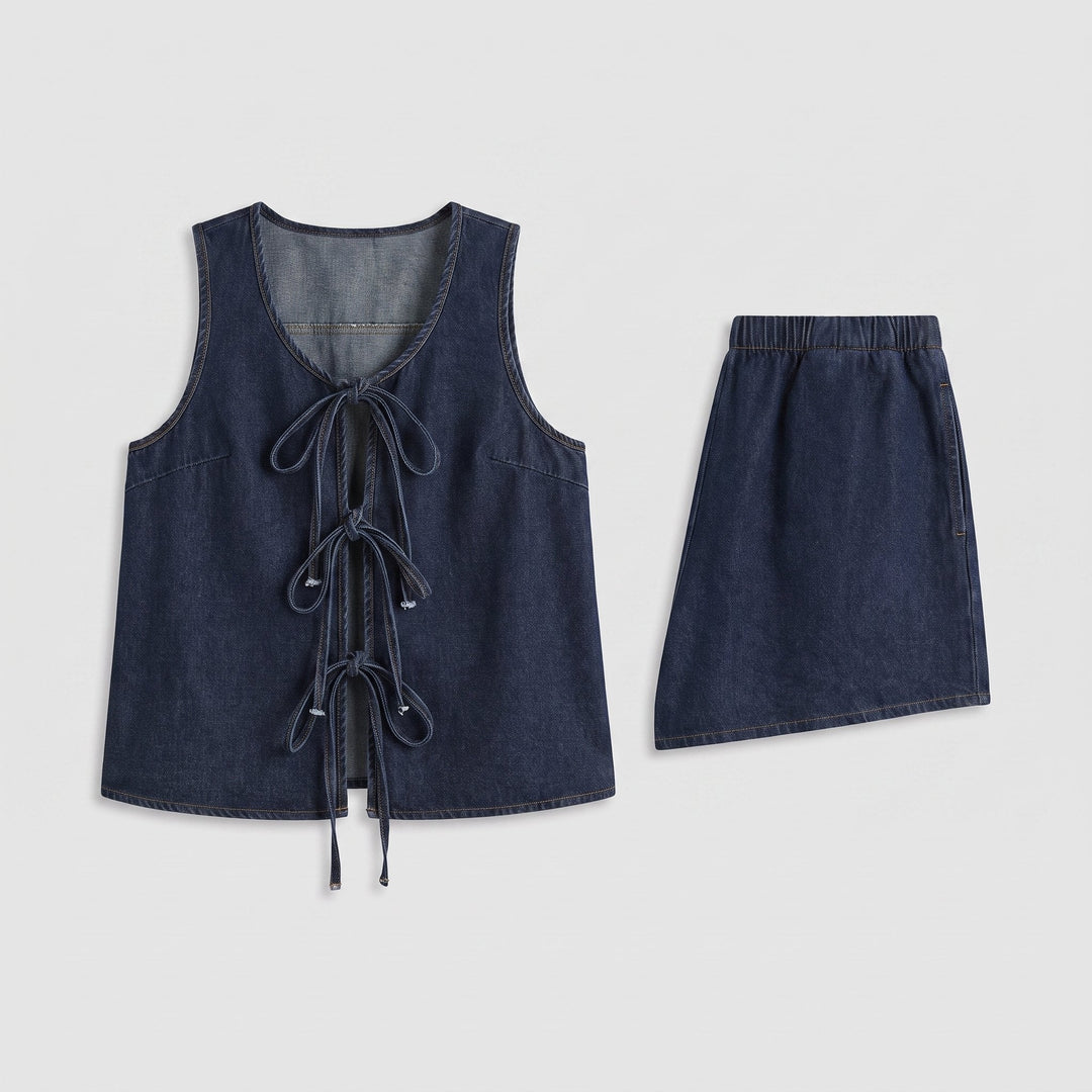 Valeria Denim Ensemble product flat lay vest and shorts
