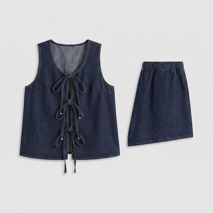 Valeria Denim Ensemble product flat lay vest and shorts