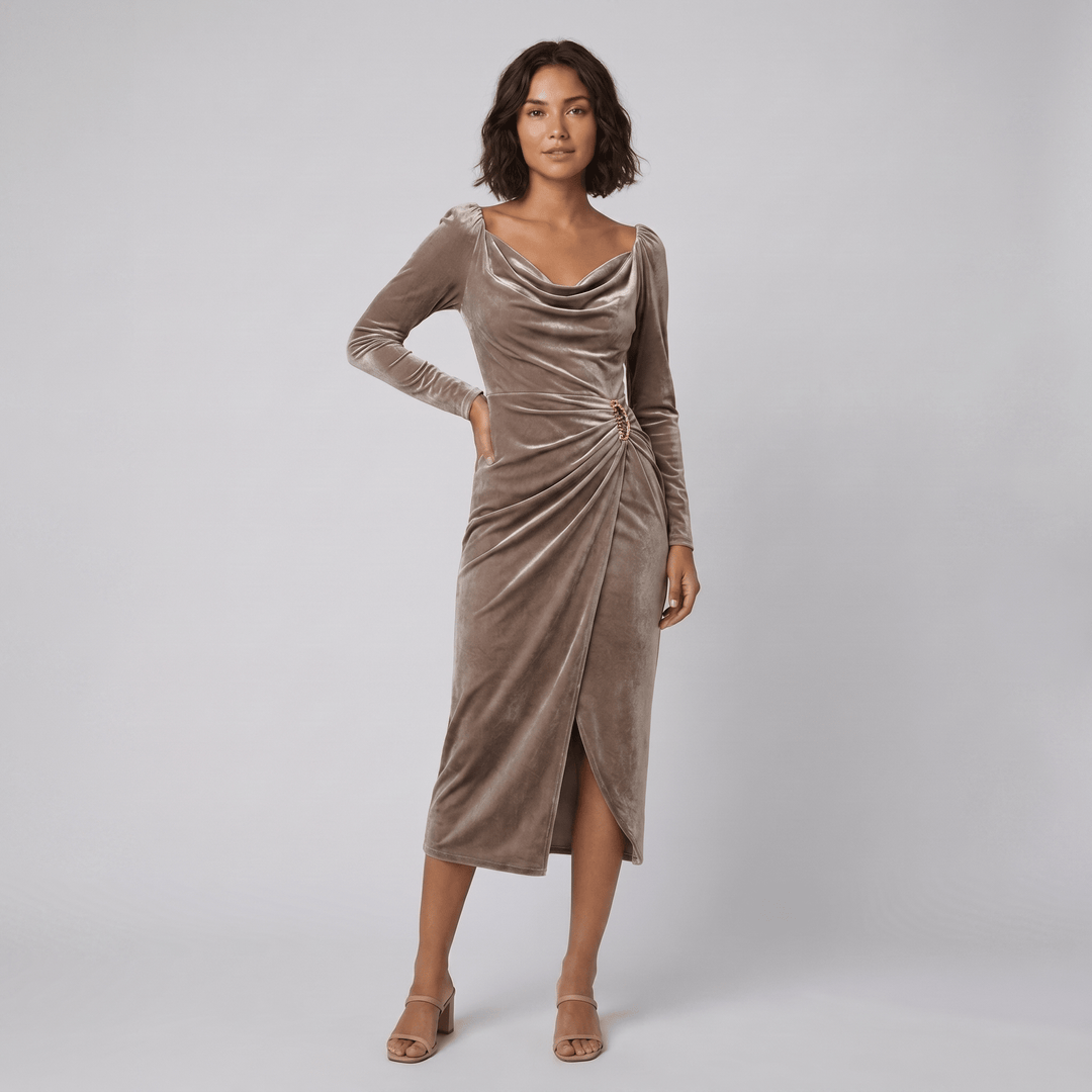 Vela champagne velvet cowl neck midi dress