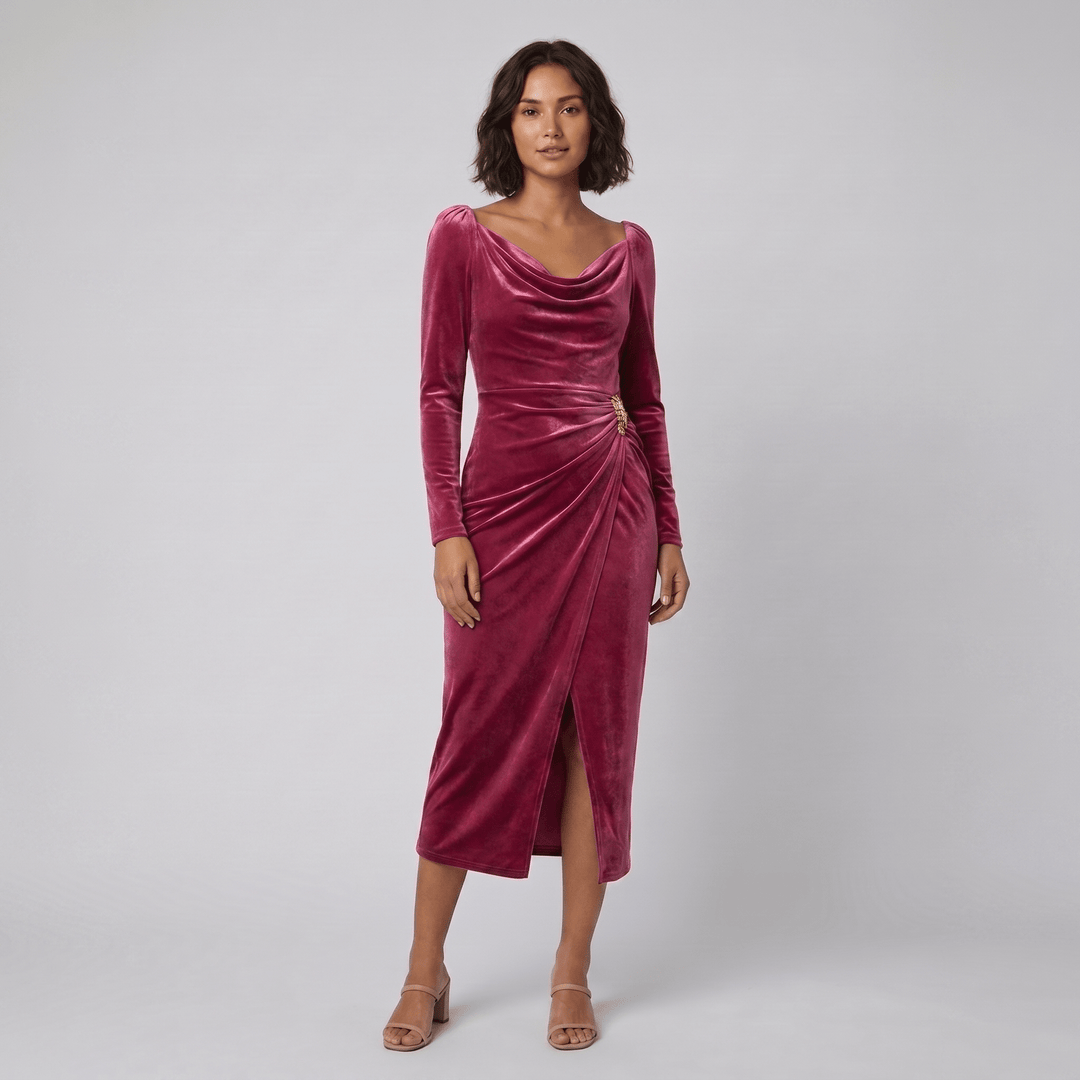 Vela rose red velvet cowl neck midi dress