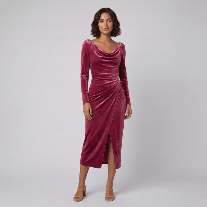 Vela rose red velvet cowl neck midi dress
