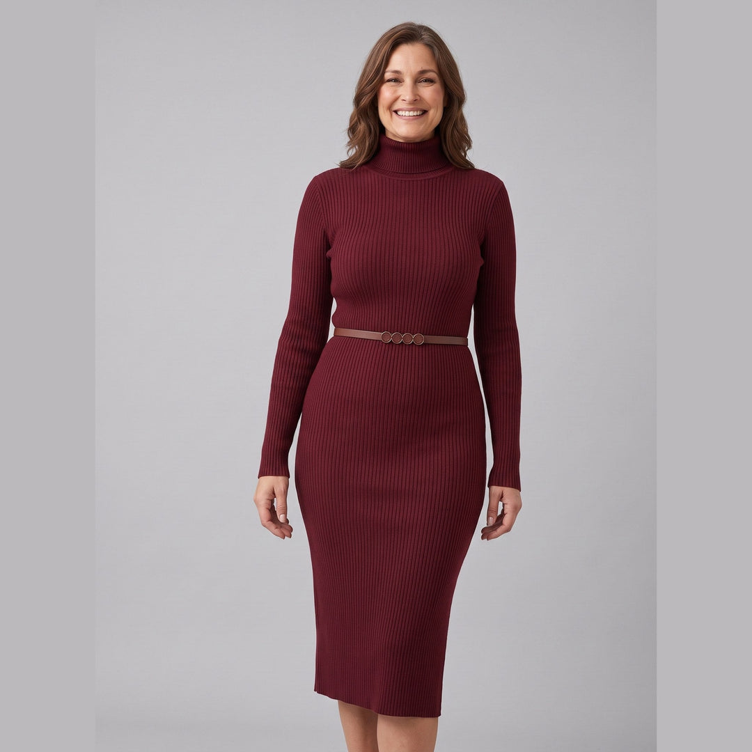 Verity burgundy ribbed turtleneck dress front on model