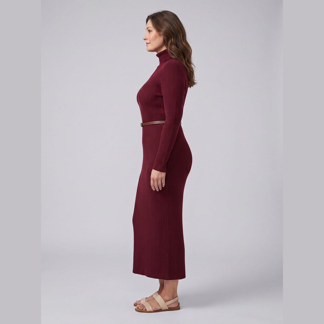 Verity burgundy ribbed turtleneck dress side view