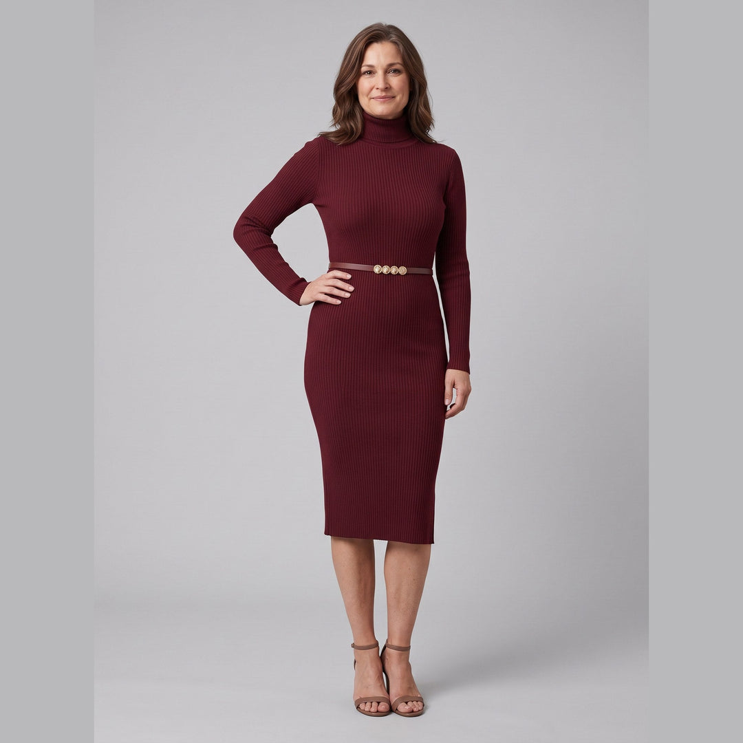 Verity burgundy ribbed turtleneck dress three-quarter view