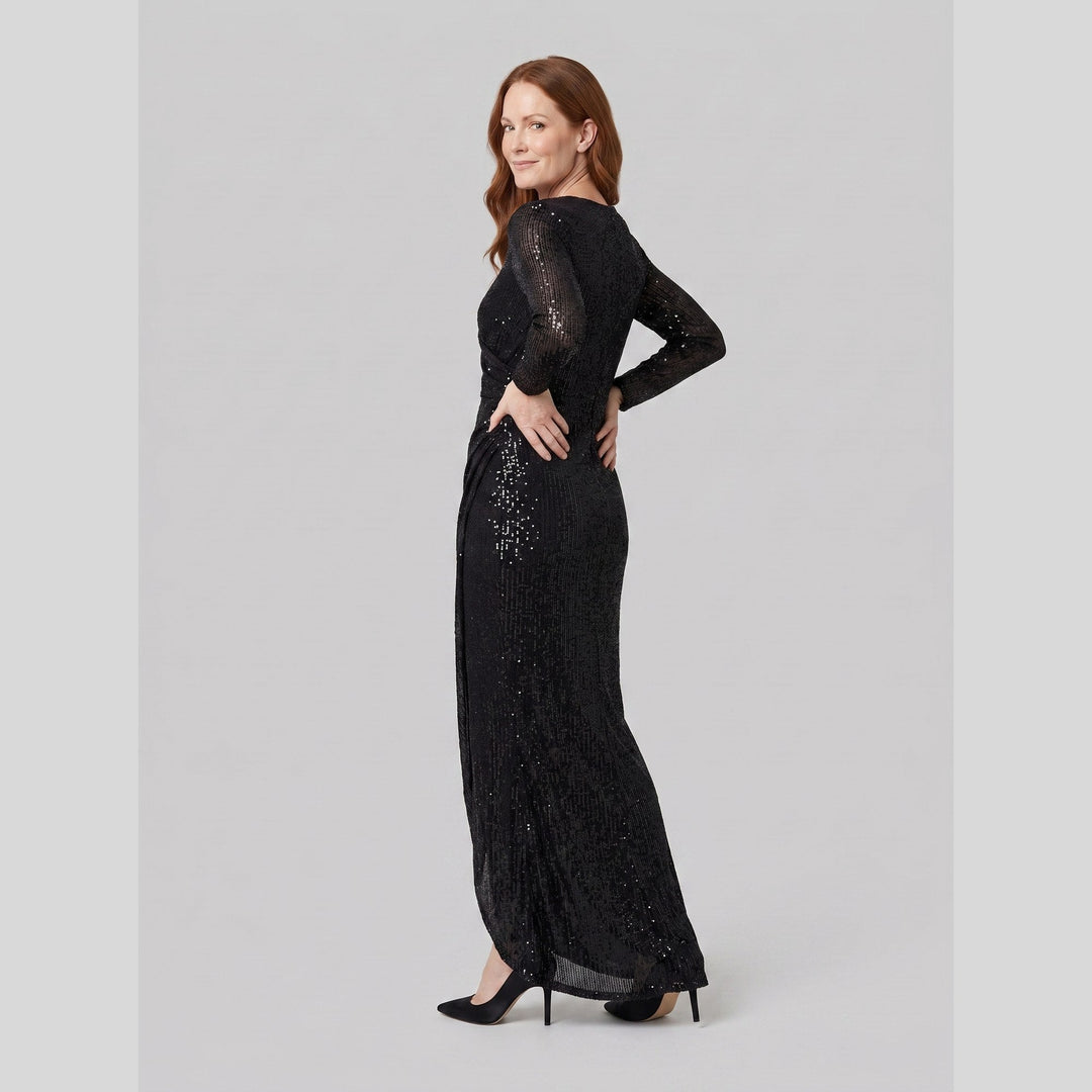 Black sequin V-neck long sleeve evening gown with thigh-high slit - The store Vancouver
