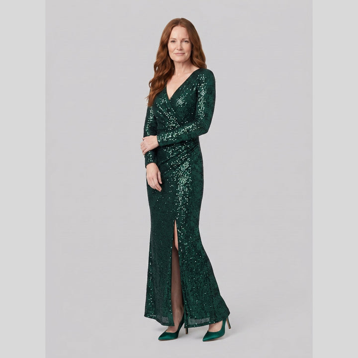 Dark green sequin V-neck long sleeve evening gown with thigh-high slit - The store Vancouver