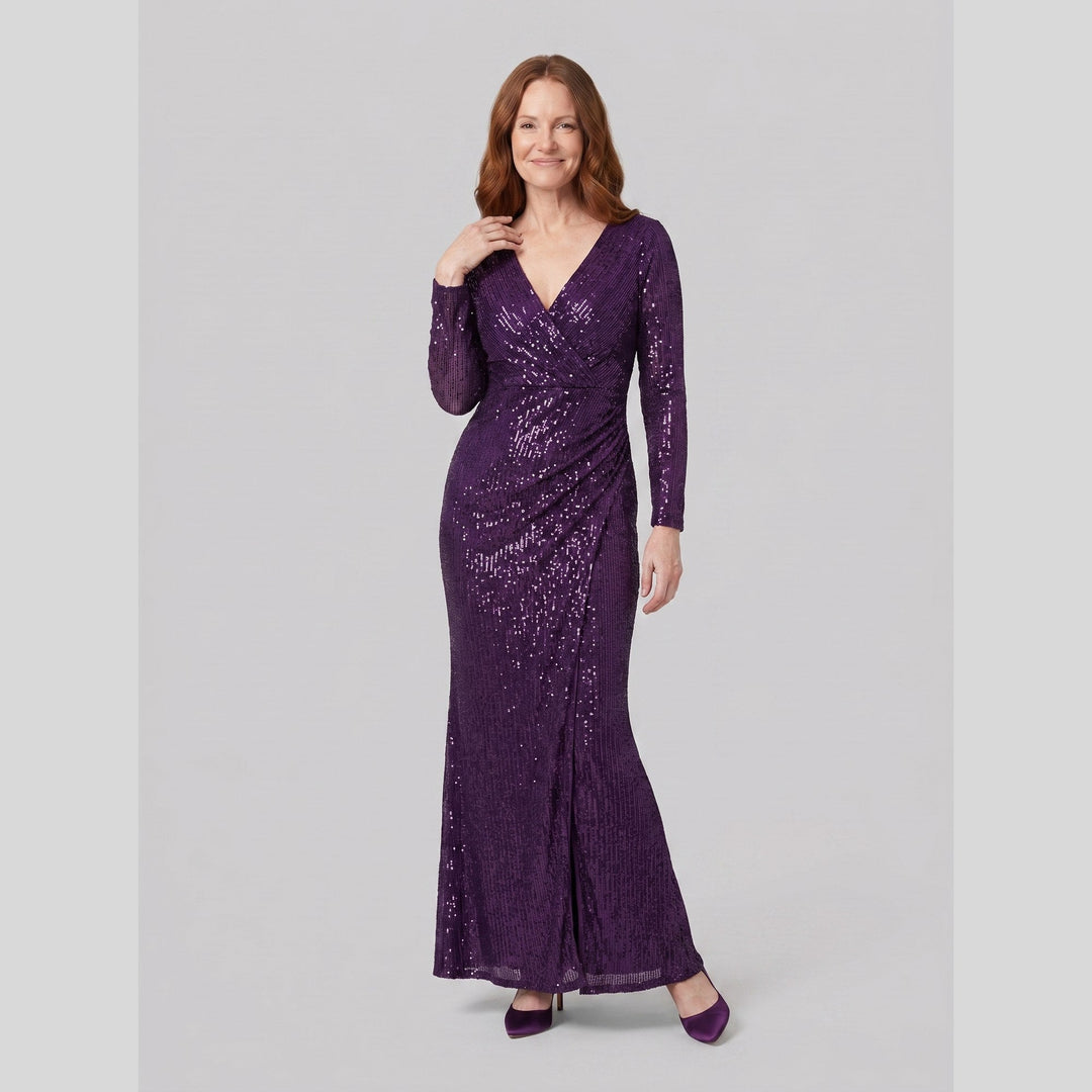 Dark purple sequin V-neck long sleeve evening gown with thigh-high slit - The store Vancouver