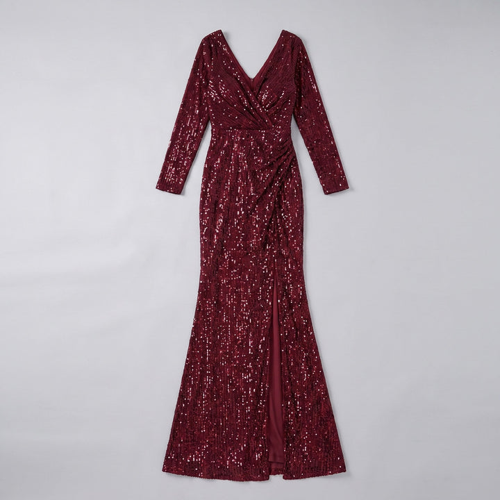 Burgundy sequin evening gown flat lay product photo - The store Vancouver