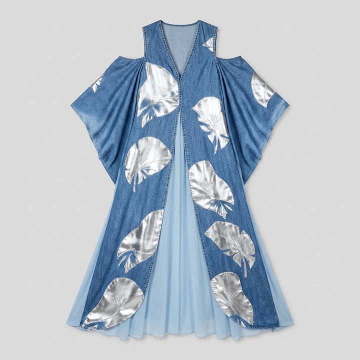 Vianne A-line denim dress with blue patchwork print, flat lay
