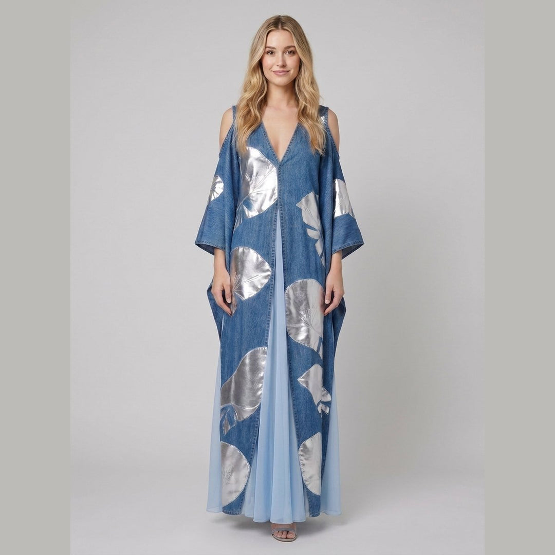 Vianne A-line denim dress with blue patchwork print, walking shot on model