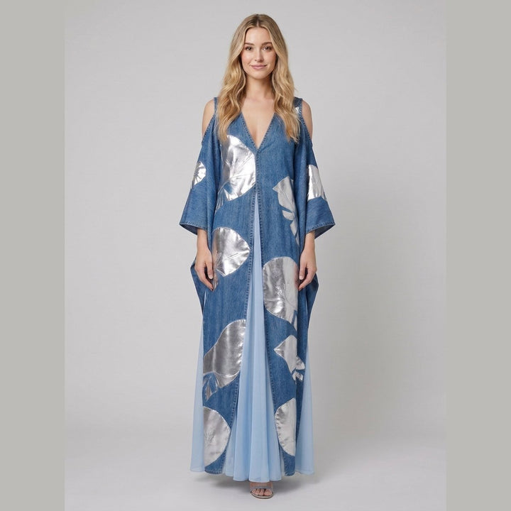 Vianne A-line denim dress with blue patchwork print, walking shot on model