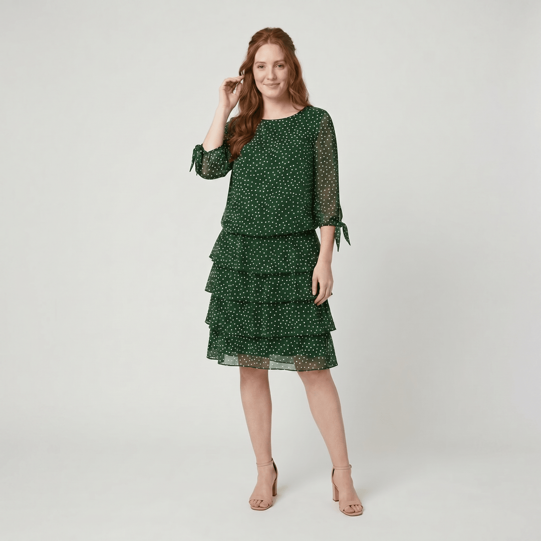 Victoire green polka dot dress with a layered skirt, front view