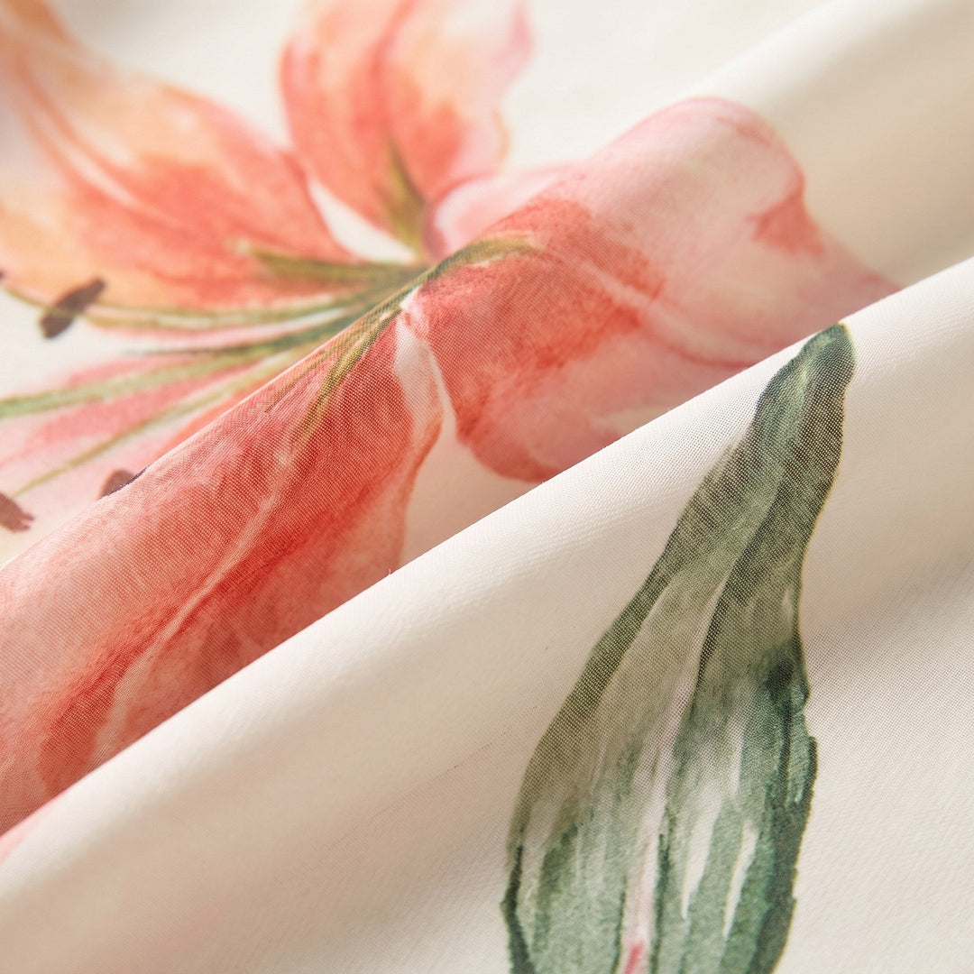 Close-up of the watercolour floral print on the lightweight fabric